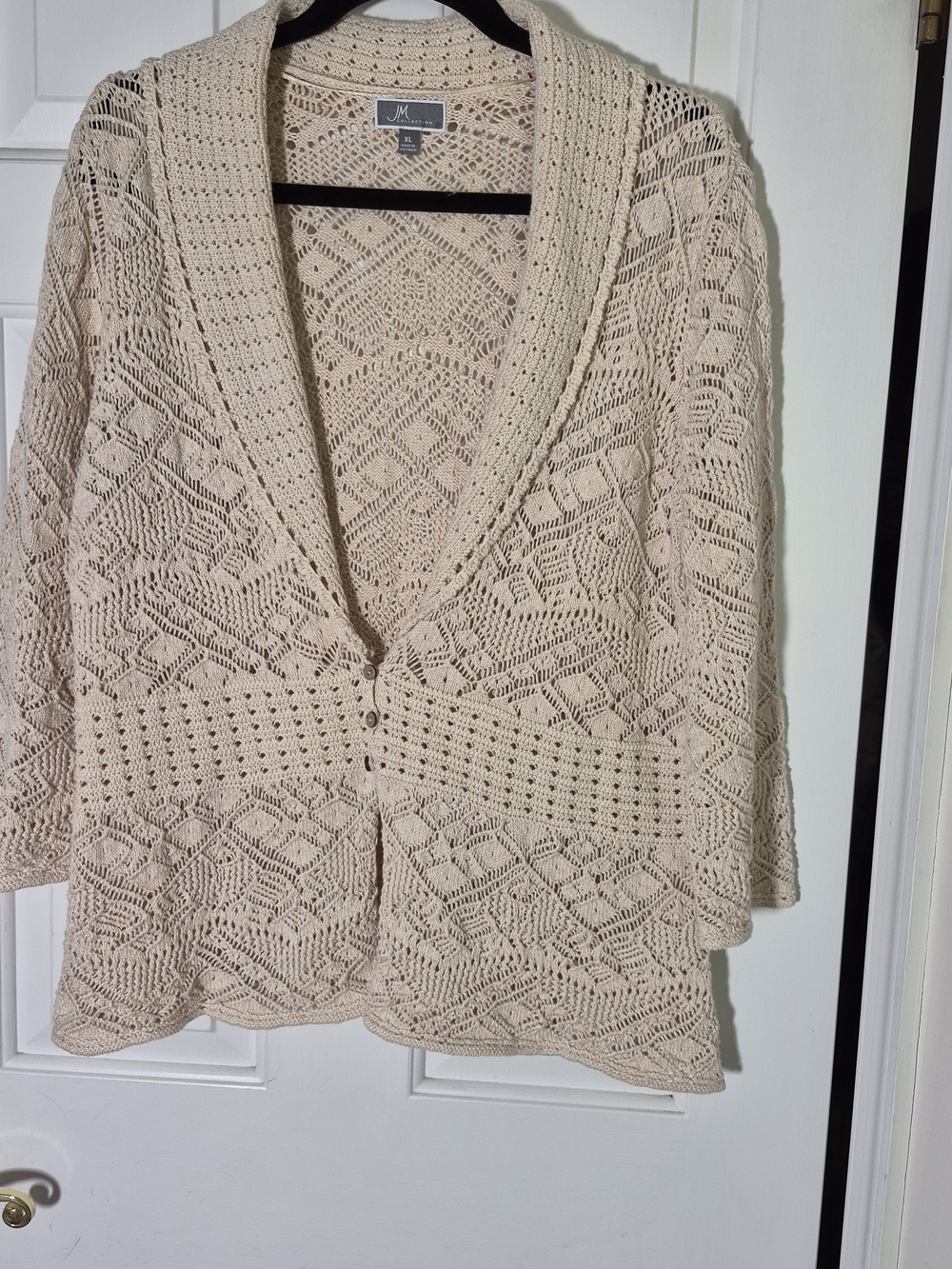 JM Collection Cream Crochet Openwork Cardigan